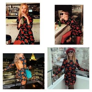 NWT ZARA BLOGGER FAVORITE Black Floral Open Back Long Sleeve Mini Dress XXL